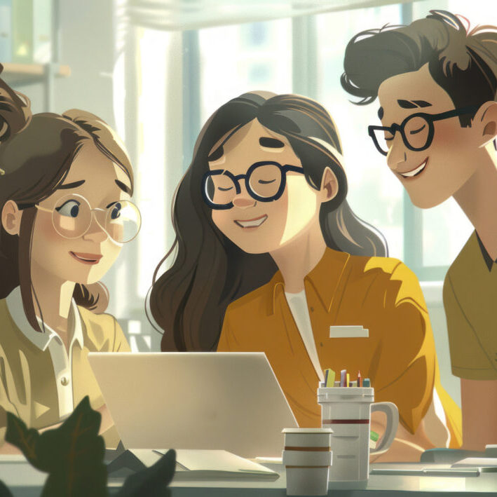 close-up shot groups of people are busy with office work , brainstorming , in the style of a cartoon, vector illustration, children's book cover, simple shapes, flat color, high resolution, high detail, high quality, high definition, in the style of hyper realism, in the style of hyper detail, in the style of hyper photorealism, digital art, in the style animation, wide angle shot --chaos 2 --ar 16:9 Job ID: cafc7169-6606-4a88-90cd-94ff06d9f4c7