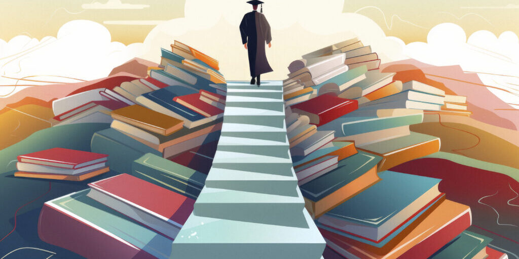 A student crossing a bridge made of books towards a graduation cap, symbolizing the educational journey leading to achievement. illustration, cartoon flat illustration, flat illustration, vector style --ar 3:2 --v 5.2 Job ID: 04af6d86-afe5-4f22-a5e5-03f7ead4af5c